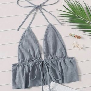 Dusty Blue Self-Tie Halter Flounce Crop Top